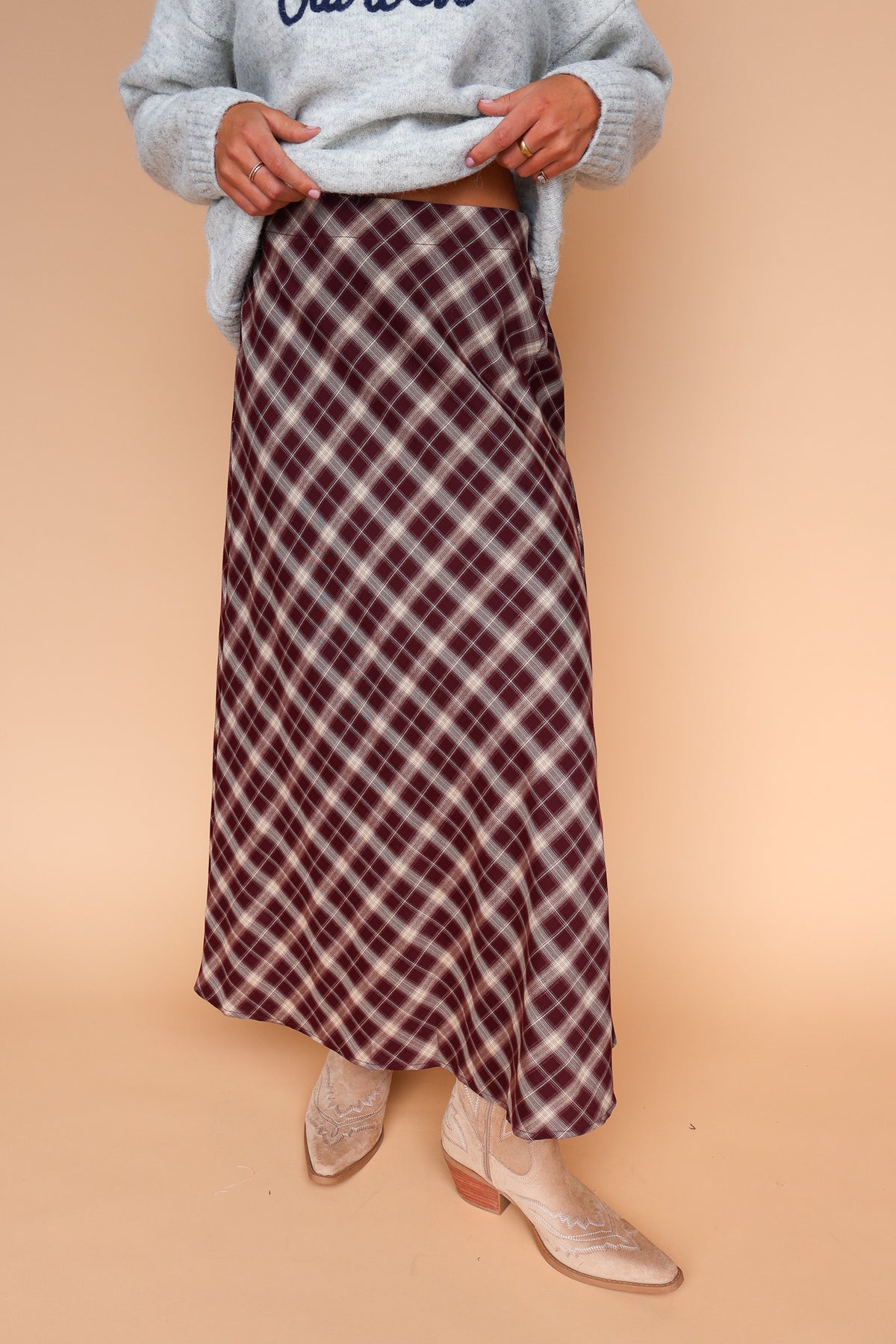 Burgundy Tartan Plaid Slip Skirt