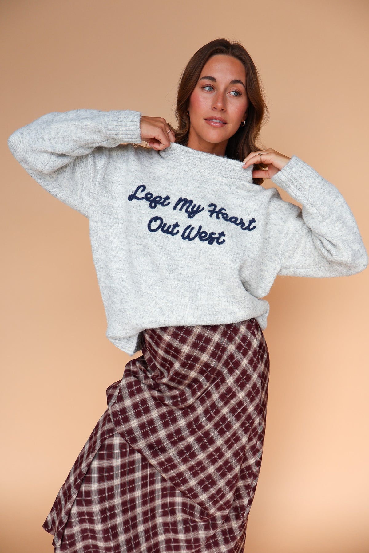 Left My Heart Out West Sweater in Heather Grey