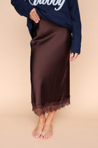 Lace Satin Slip Skirt in Brown