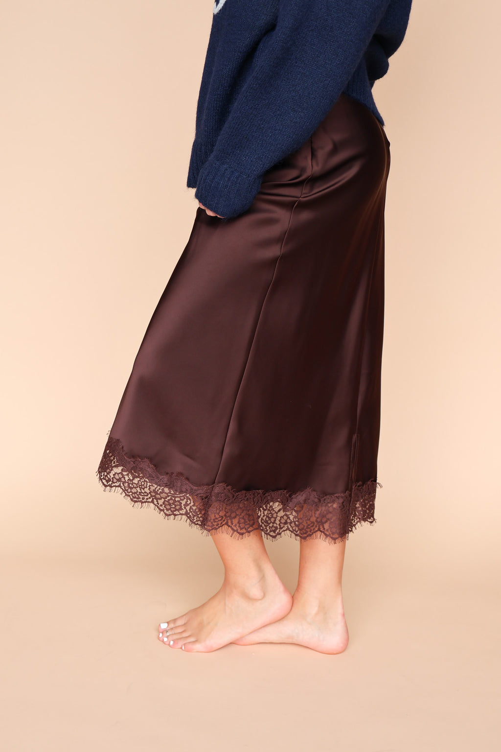 Lace Satin Slip Skirt in Brown