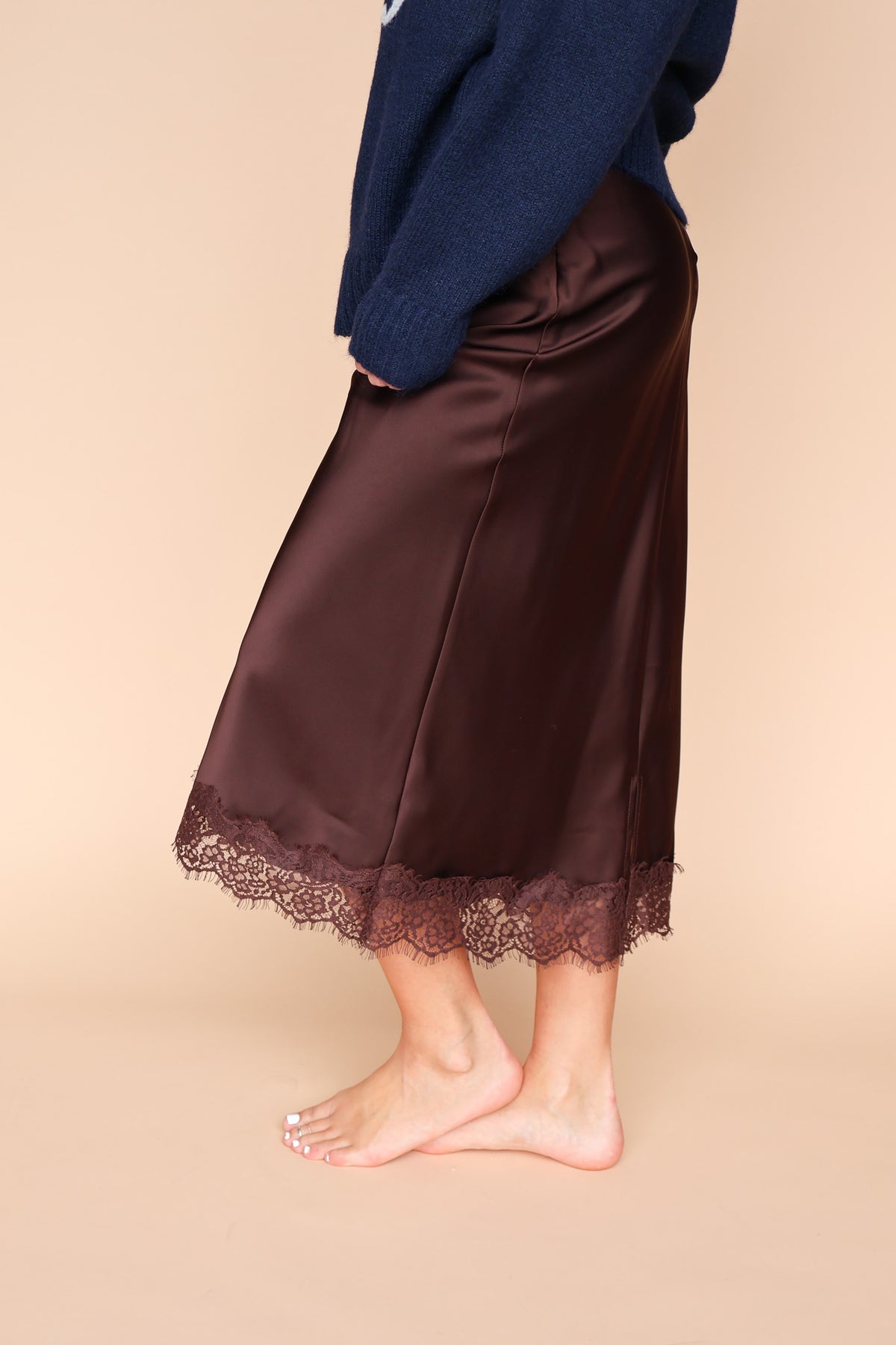 Lace Satin Slip Skirt in Brown