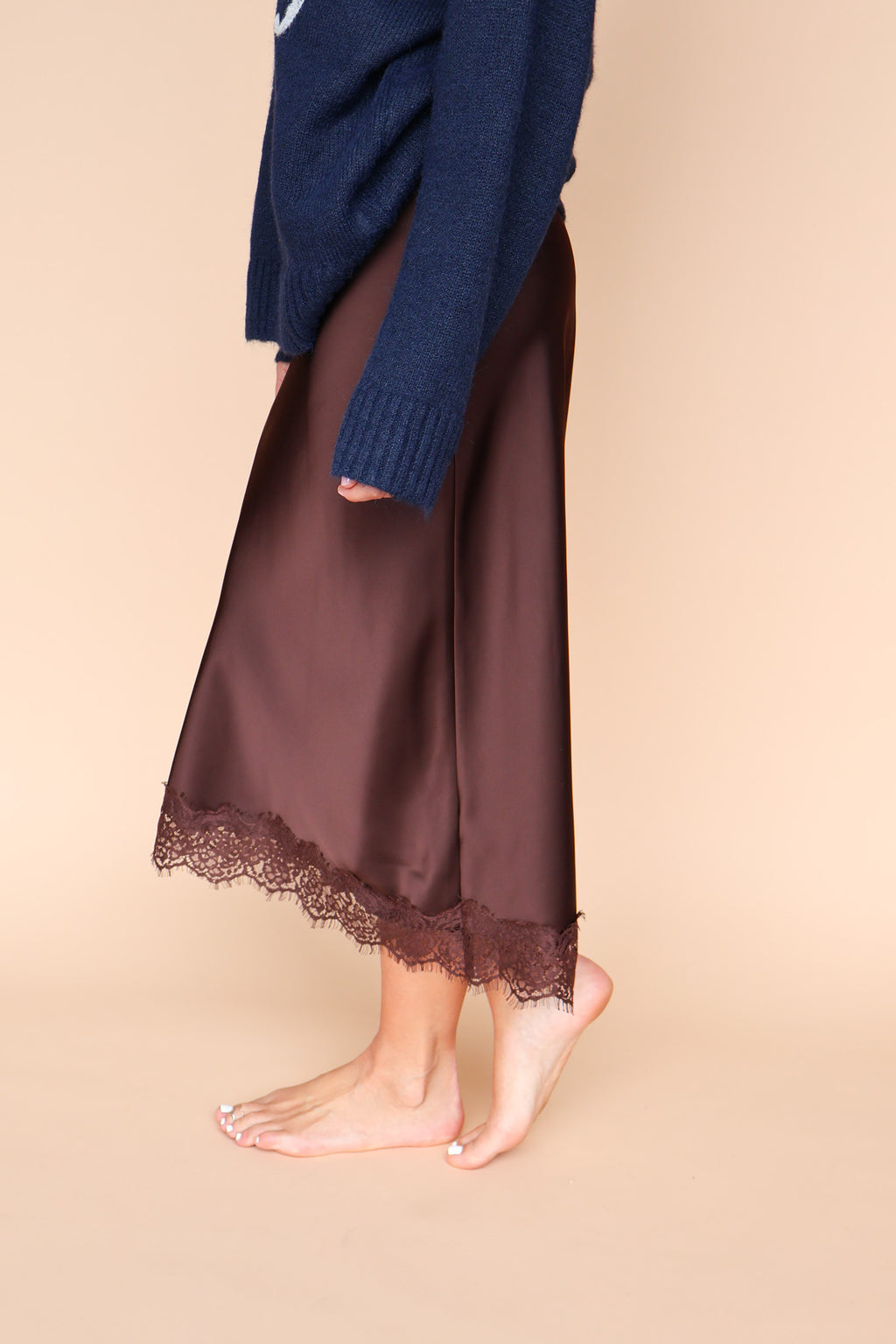 Lace Satin Slip Skirt in Brown