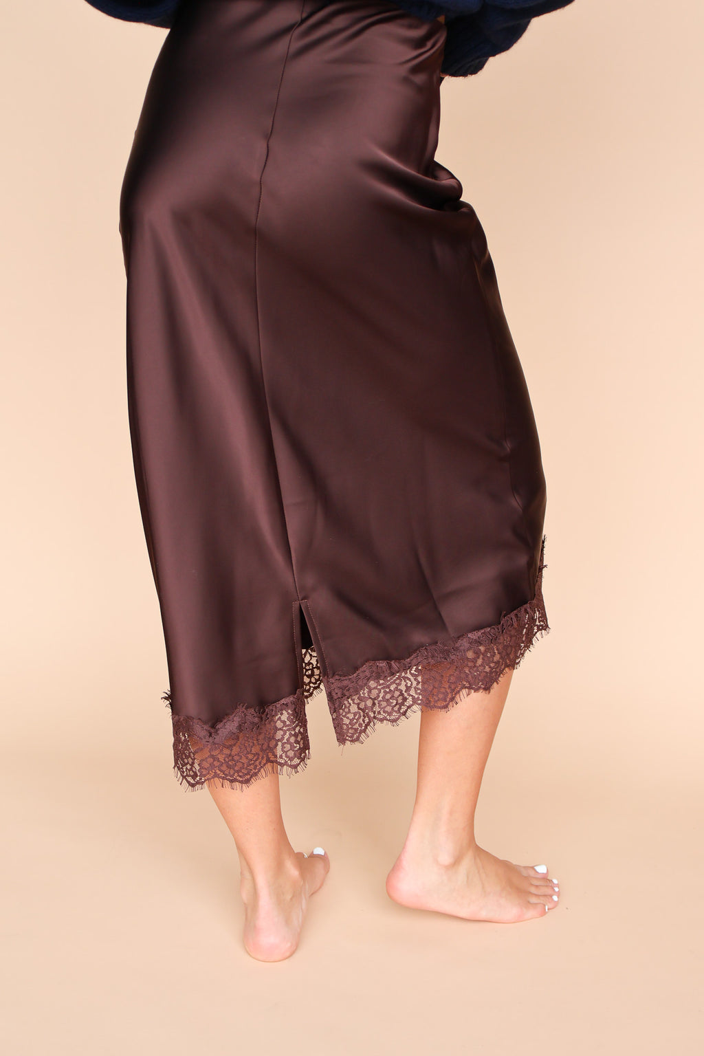 Lace Satin Slip Skirt in Brown