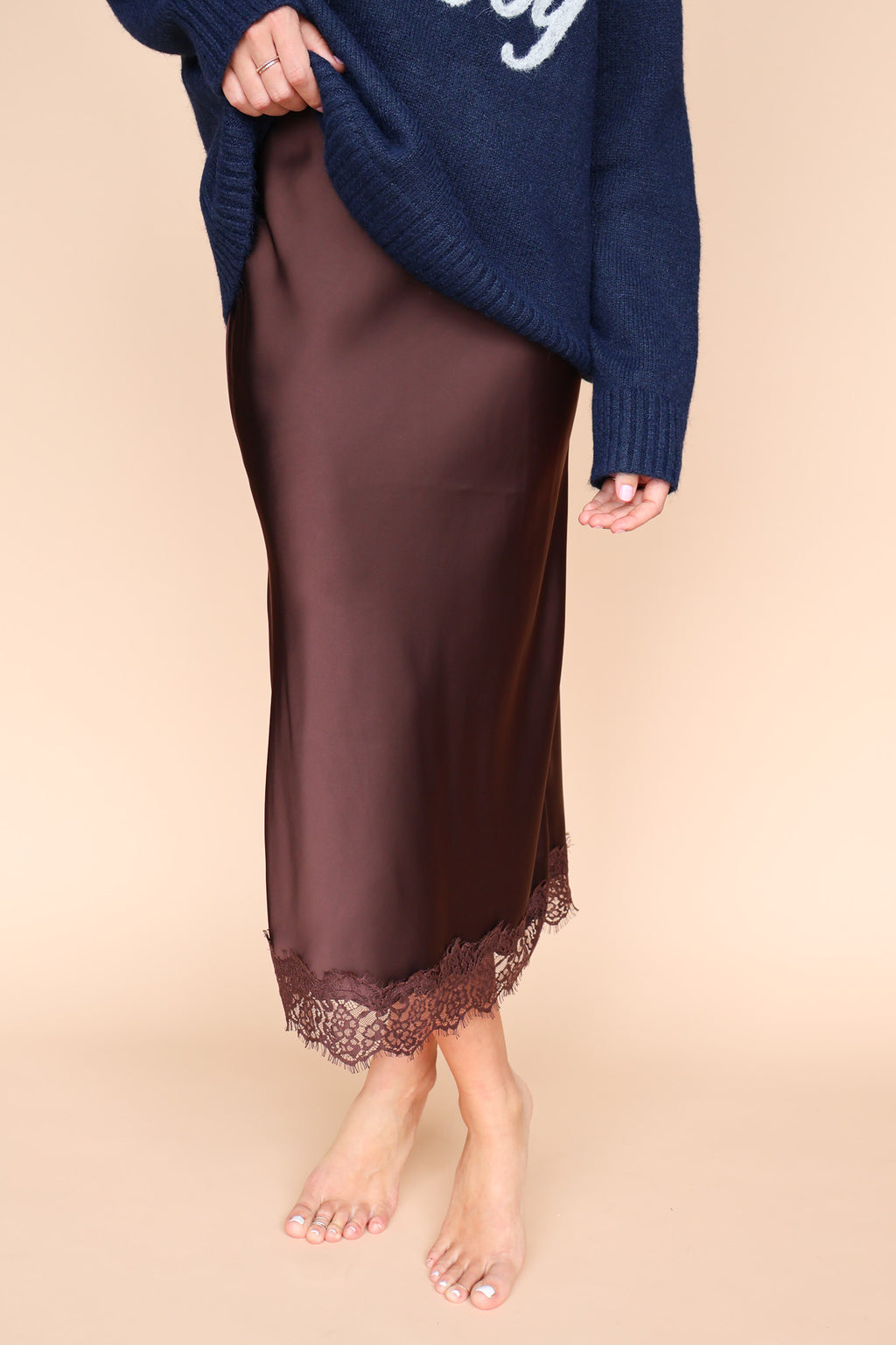 Lace Satin Slip Skirt in Brown