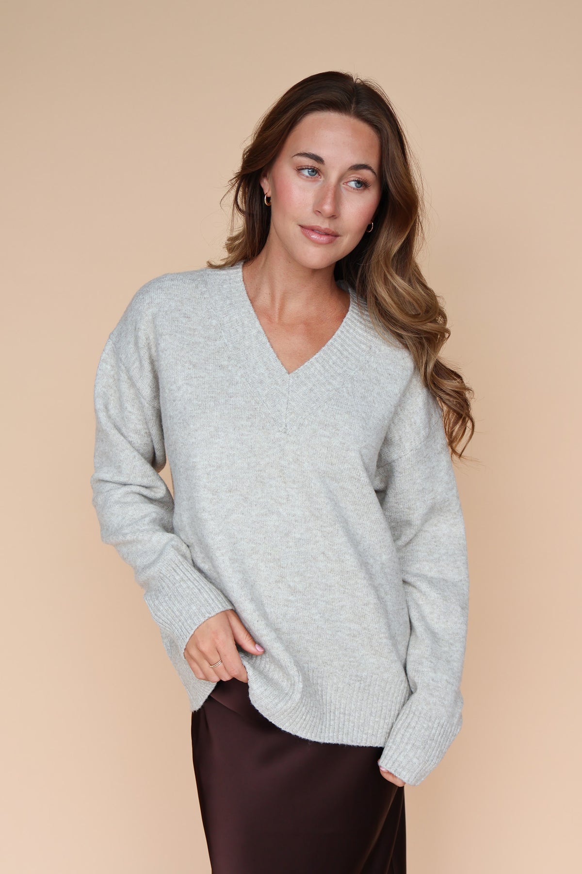 V-Neck Knit Sweater in Stone Secondary image