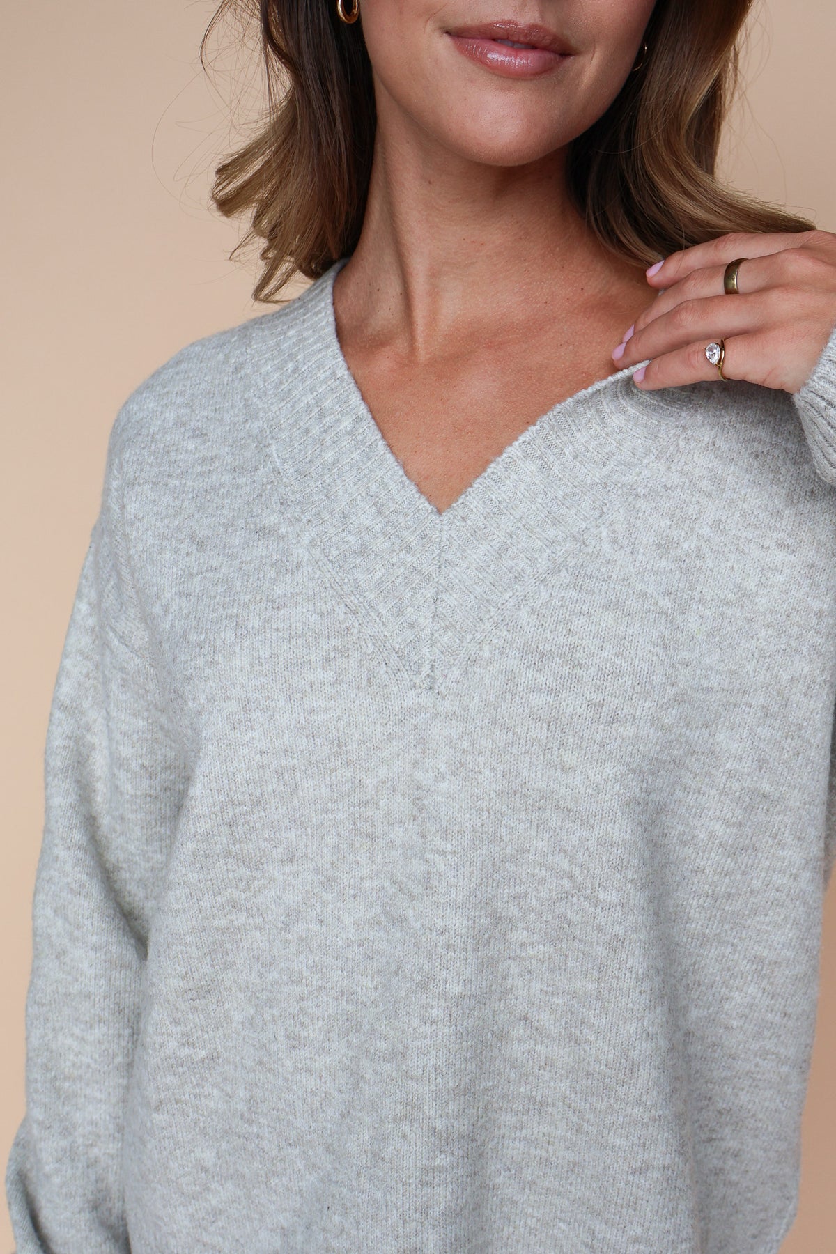 V-Neck Knit Sweater in Stone