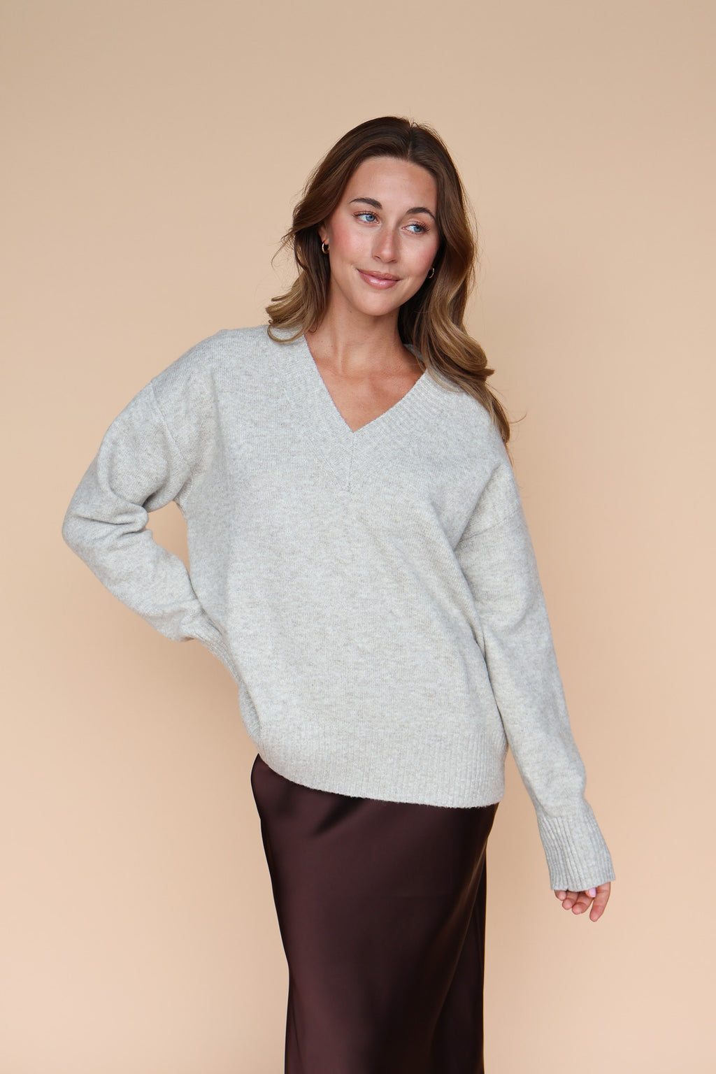 V-Neck Knit Sweater in Stone