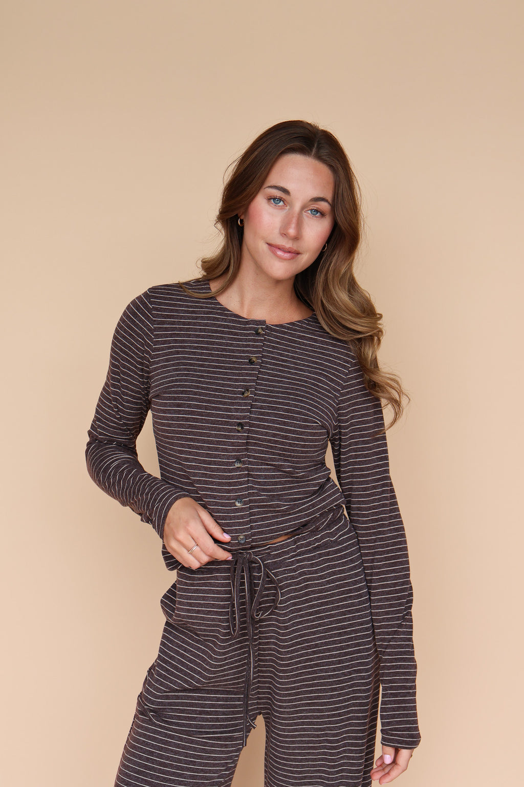Lauren Stripe Button Up Top in Brown
