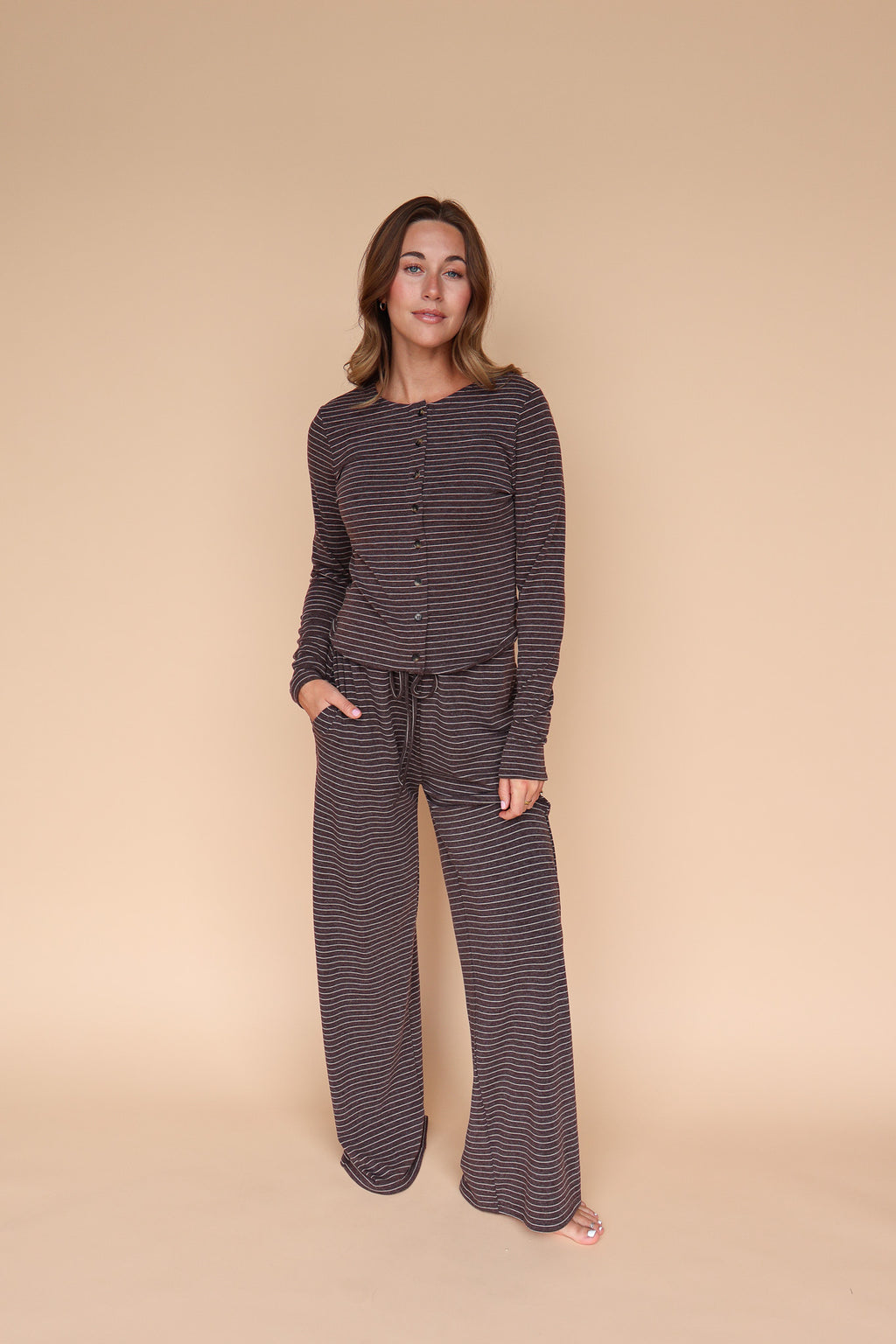 Lauren Stripe Button Up Top in Brown