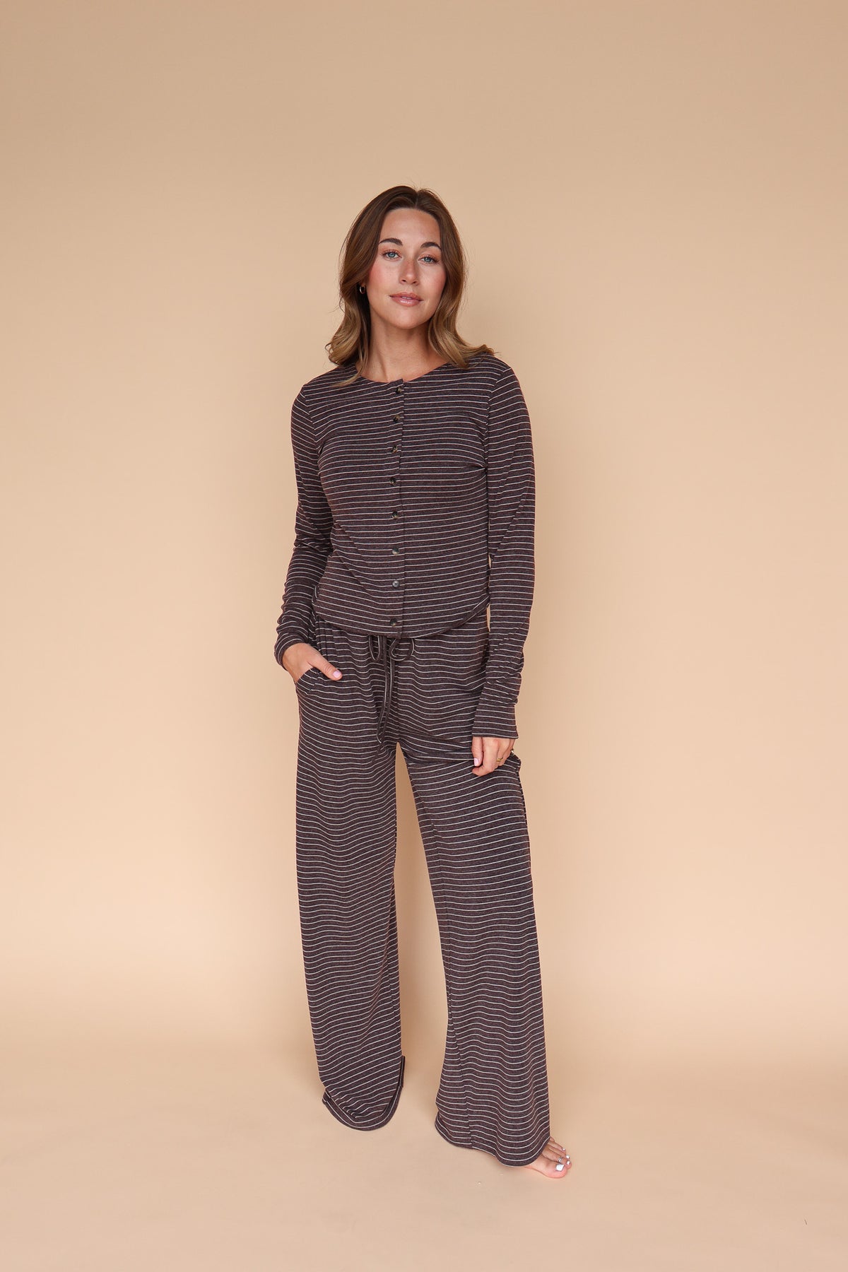 Lauren Stripe Button Up Top in Brown