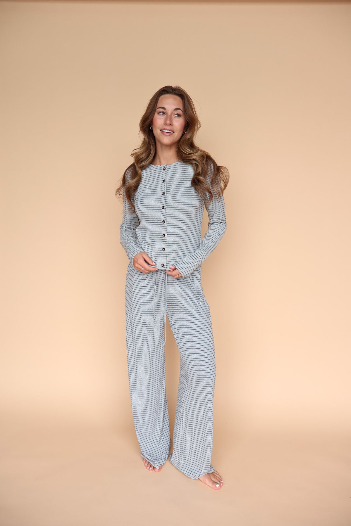 Lauren Stripe Button Up Top in Grey Secondary image