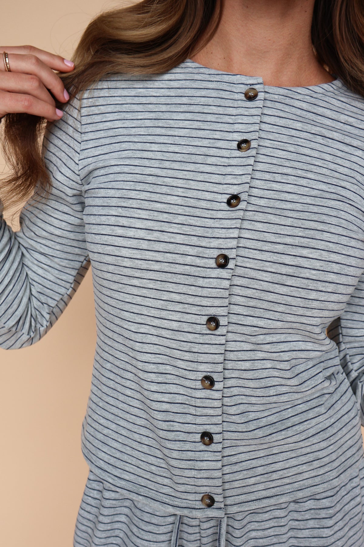 Lauren Stripe Button Up Top in Grey