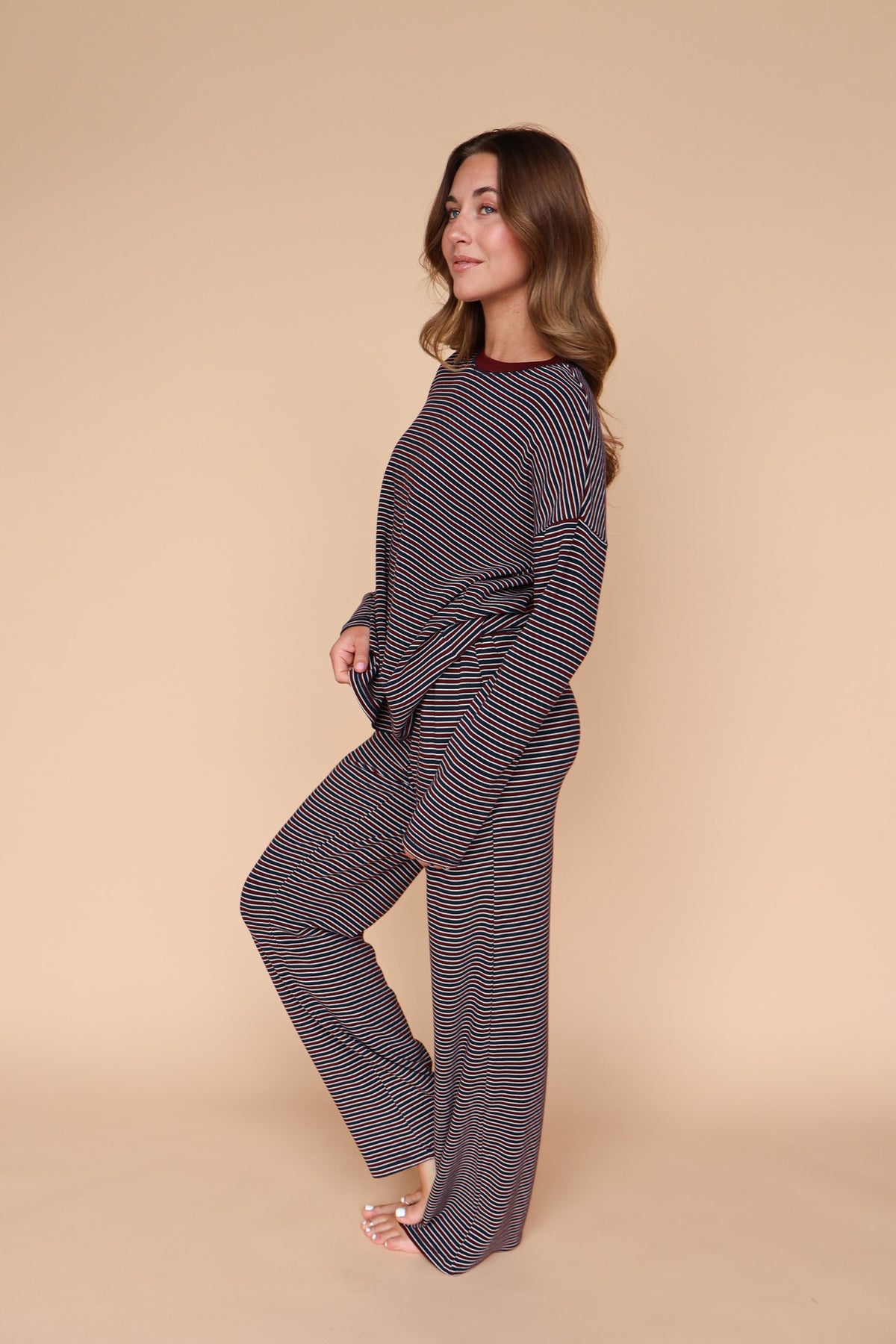 Skylar Stripe Pants in Wine Main image