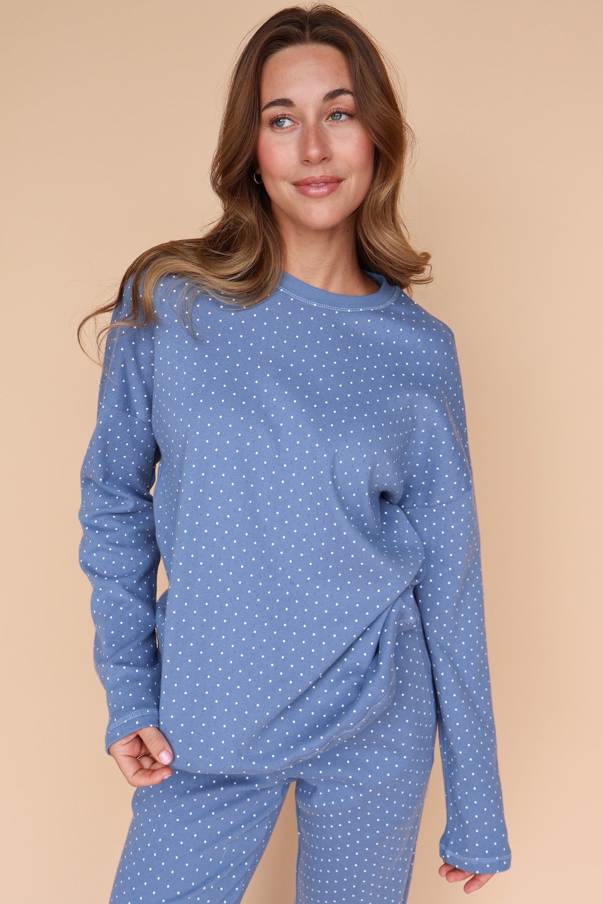 Blaire Polka Dot Pointelle Top in Dusty Blue Main image