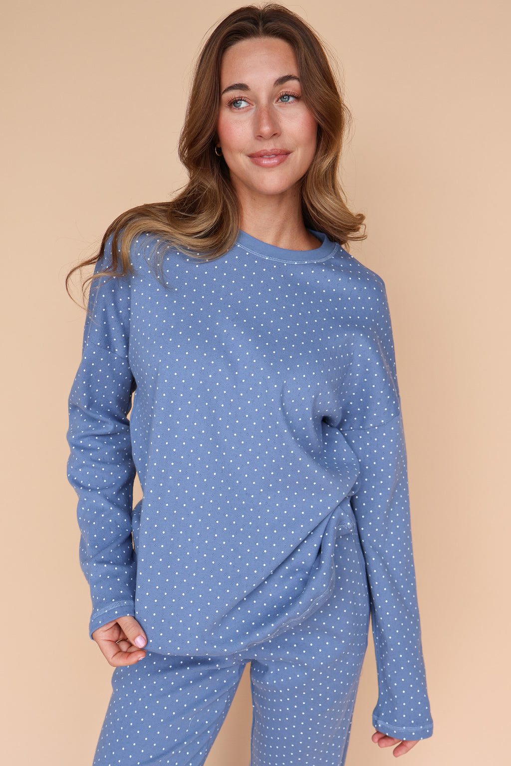 Blaire Polka Dot Pointelle Top in Dusty Blue