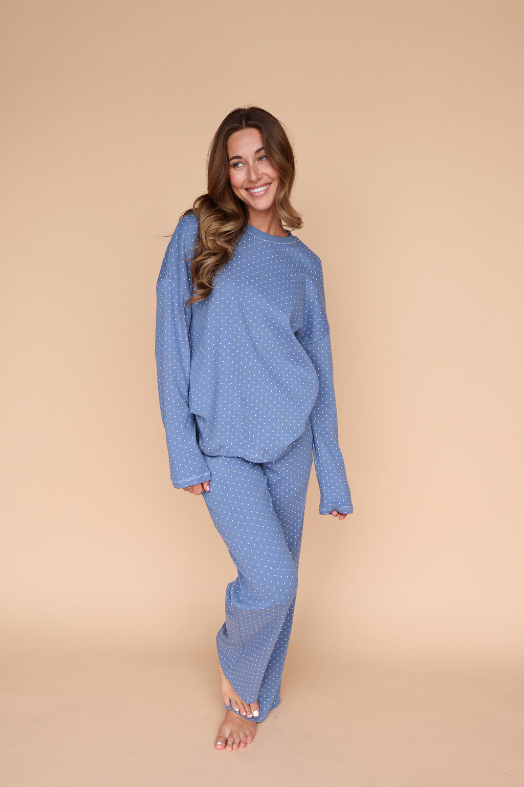Blaire Polka Dot Pointelle Top in Dusty Blue