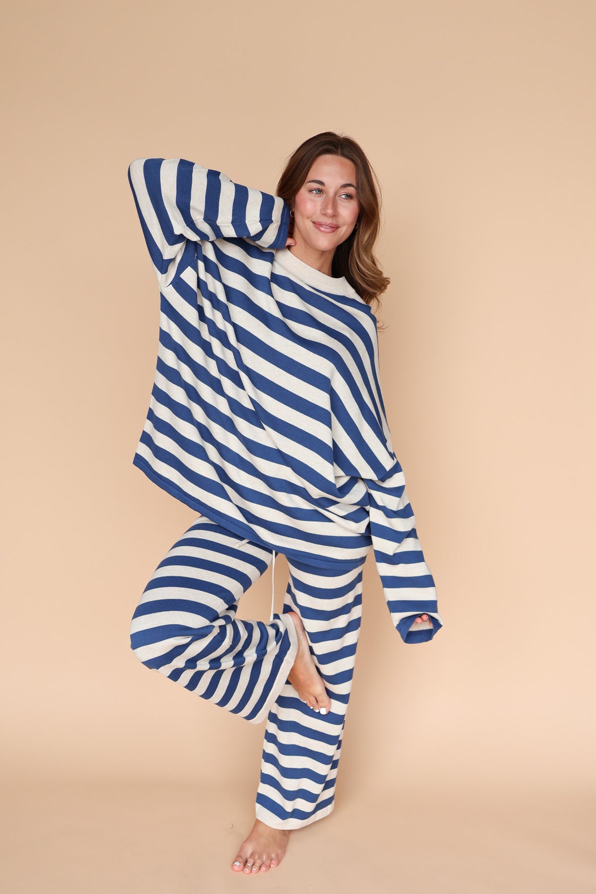 Gigi Stripe Knit Pants in Dusty Blue/Cream Secondary image
