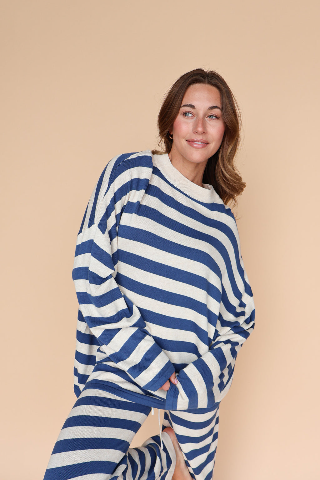 Gigi Stripe Knit Sweater in Dusty Blue/Cream