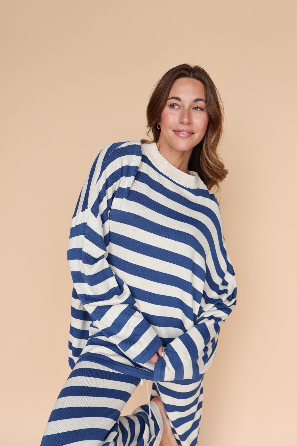 Gigi Stripe Knit Sweater in Dusty Blue/Cream