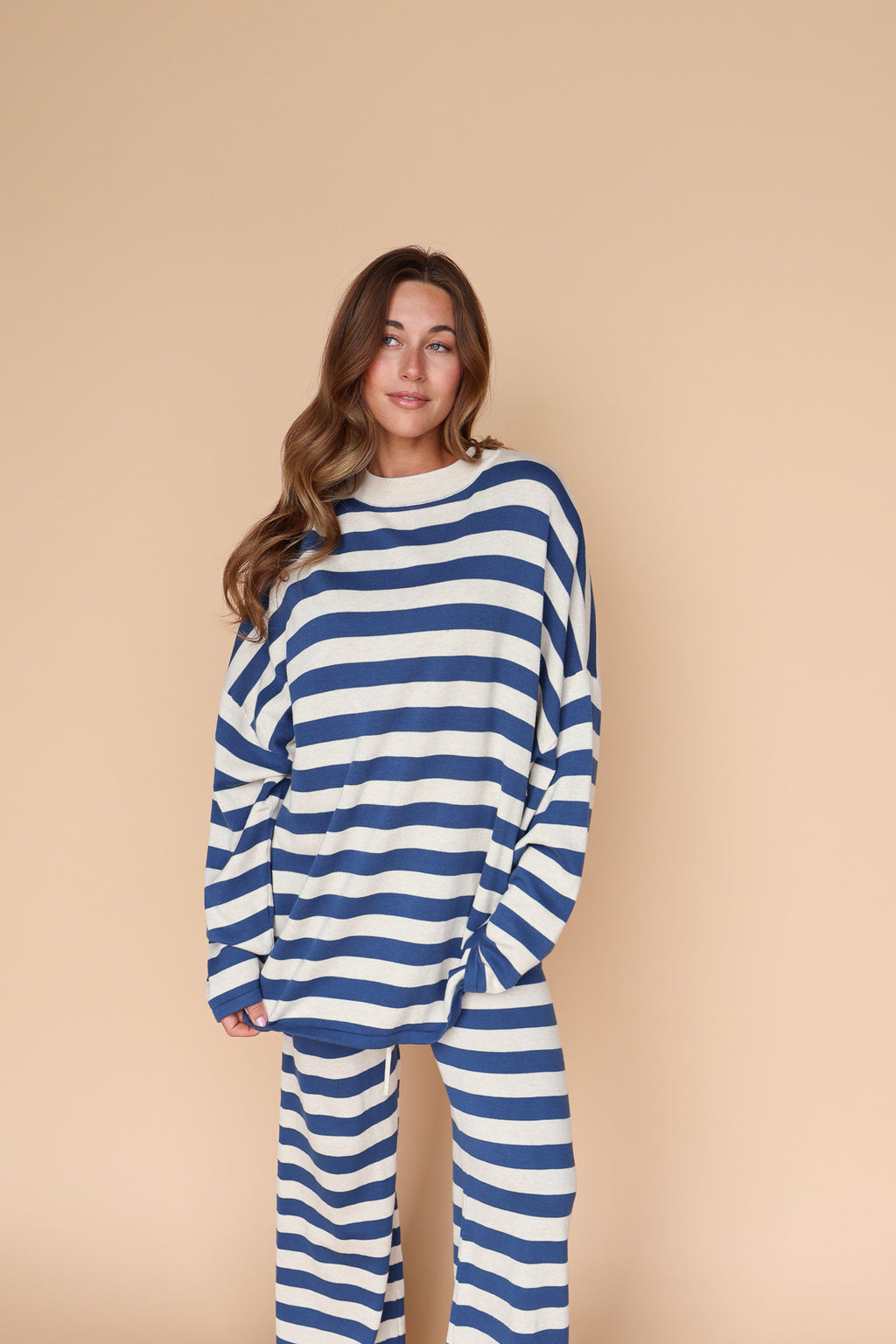 Gigi Stripe Knit Sweater in Dusty Blue/Cream