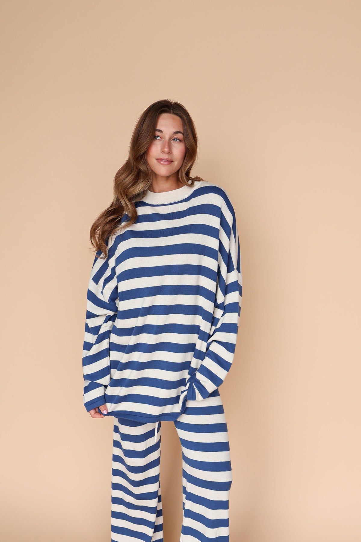 Gigi Stripe Knit Sweater in Dusty Blue/Cream