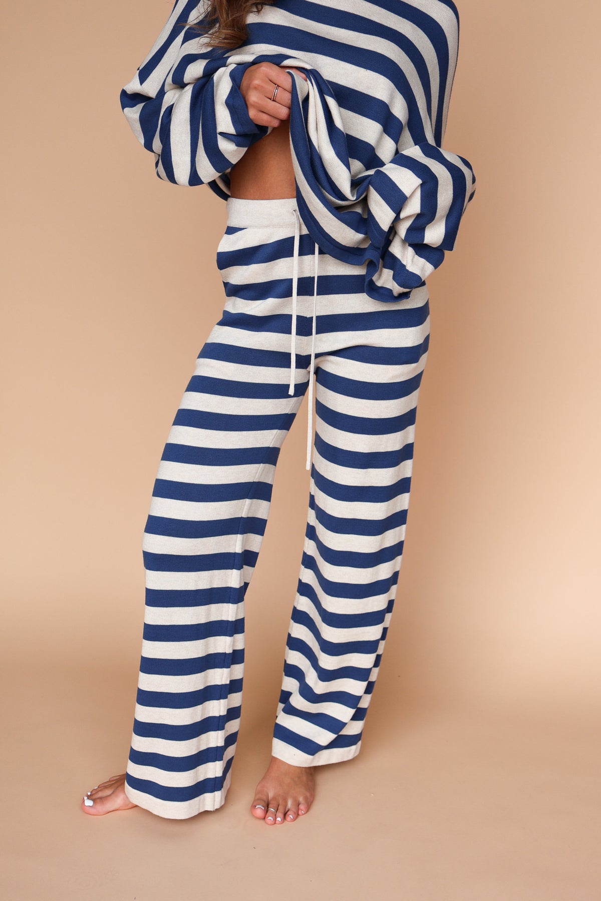 Gigi Stripe Knit Pants in Dusty Blue/Cream