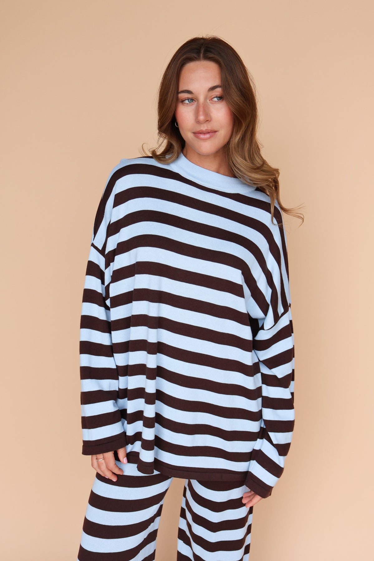 Gigi Knit Stripe Sweater in Dusty Blue/Brown Main image