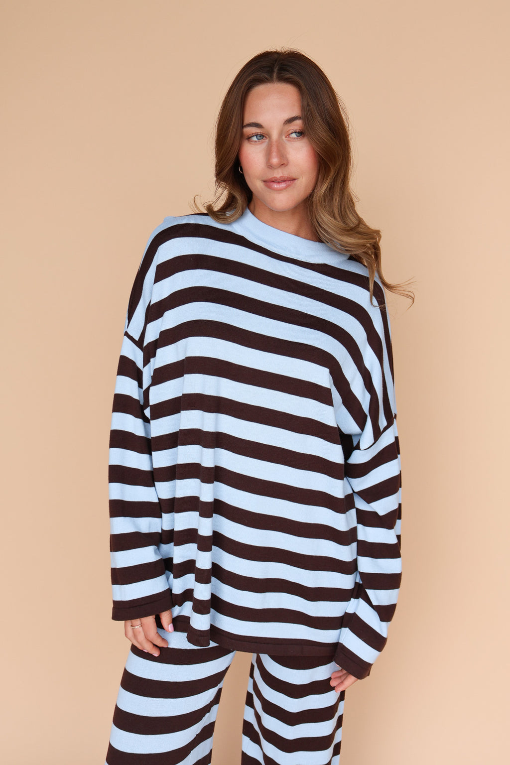 Gigi Knit Stripe Sweater in Dusty Blue/Brown
