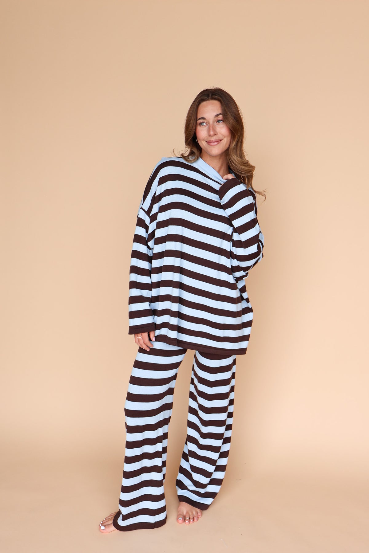 Gigi Knit Stripe Sweater in Dusty Blue/Brown Secondary image