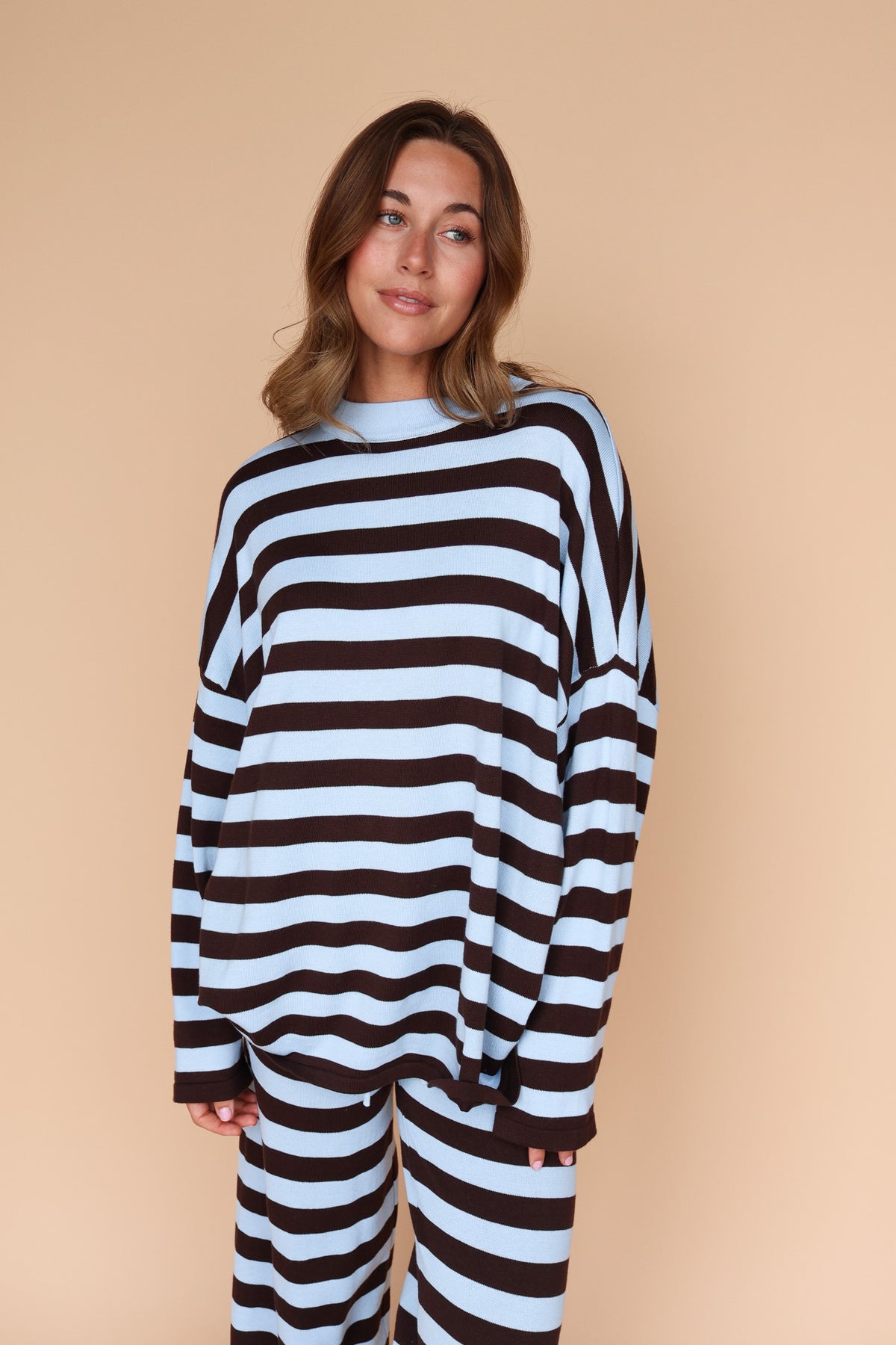 Gigi Knit Stripe Sweater in Dusty Blue/Brown