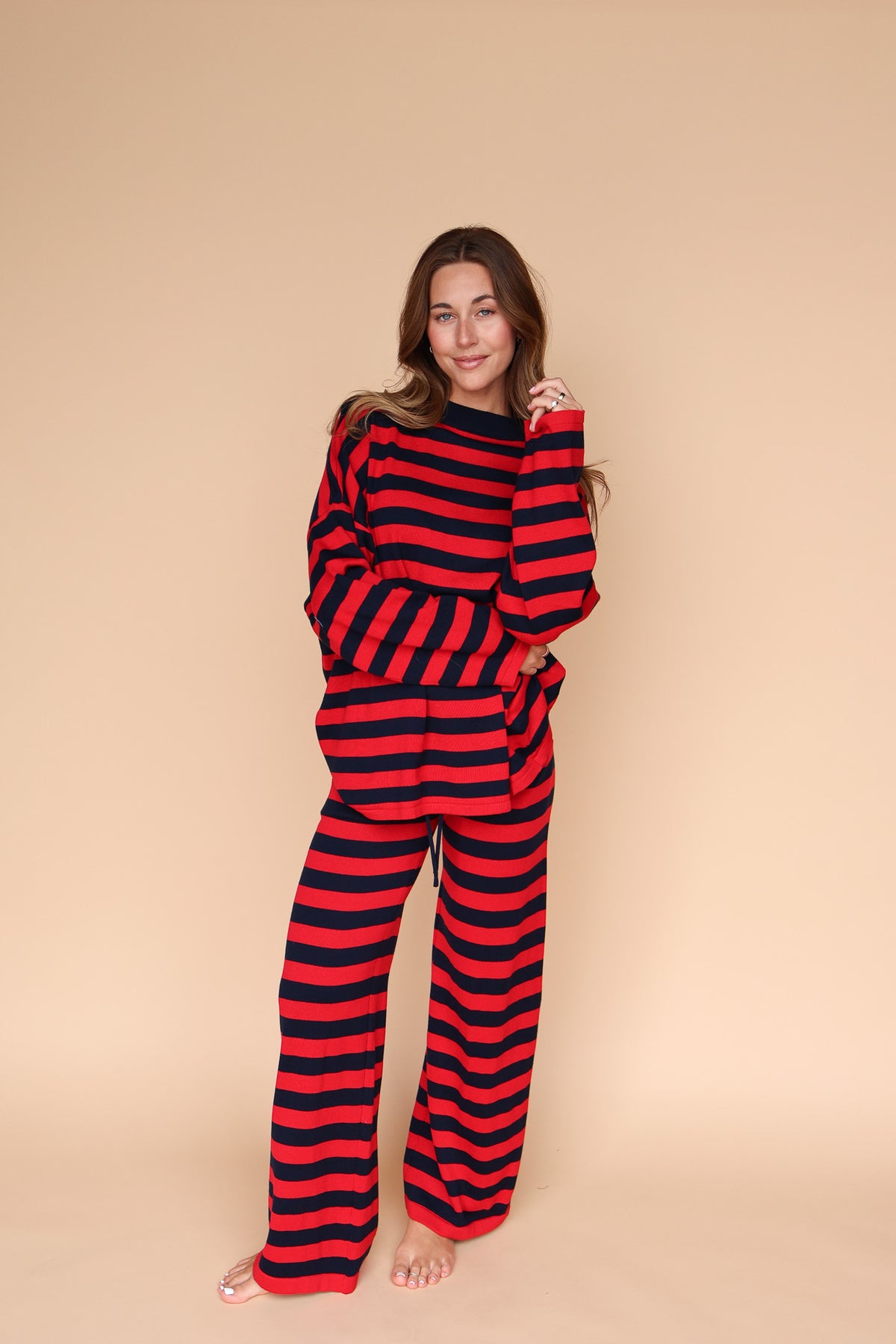 Gigi Stripe Knit Pants in Red/Navy
