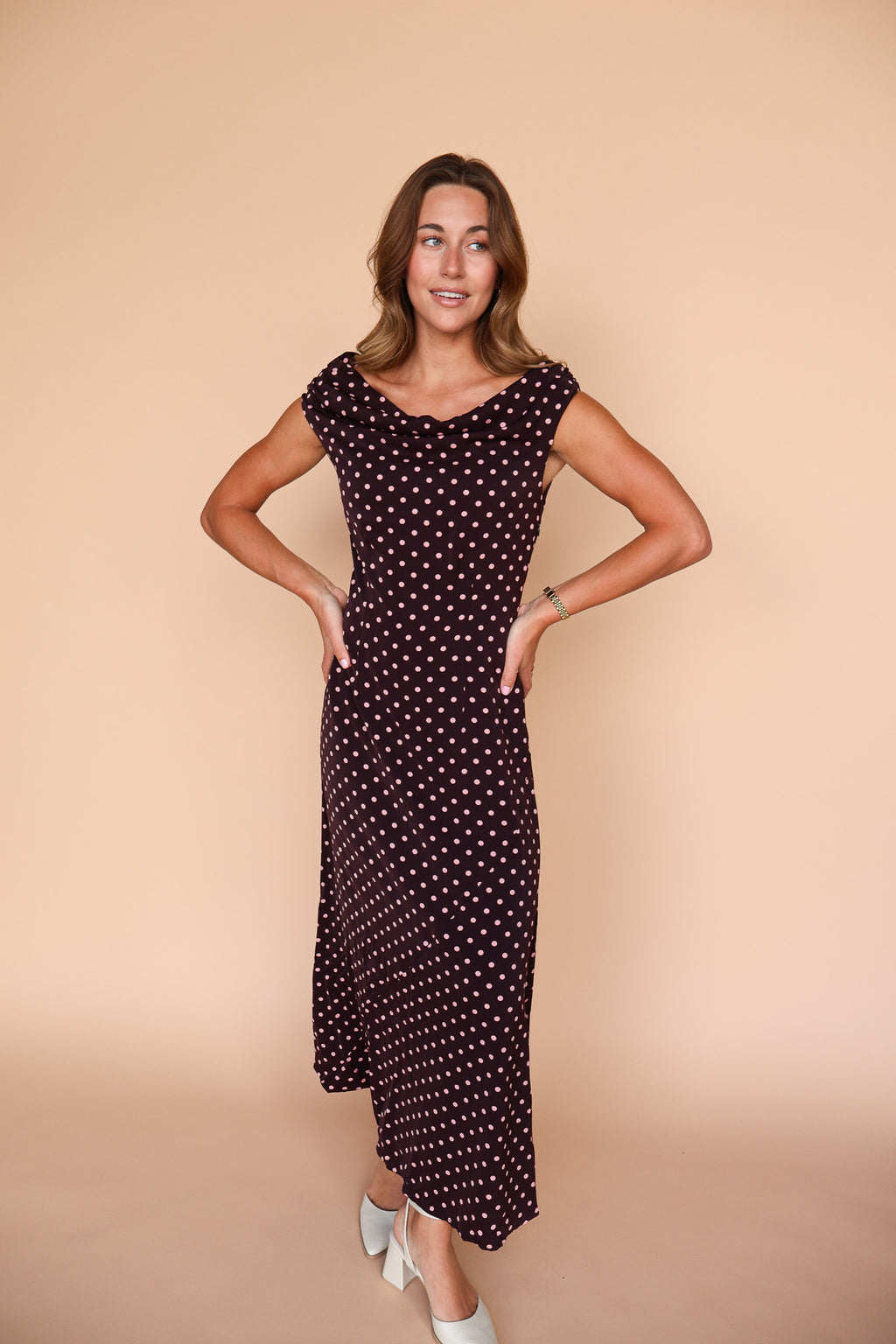 Lorelai Polka Dot Satin Midi Dress in Wine