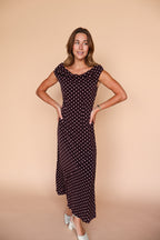 Lorelai Polka Dot Satin Midi Dress in Wine