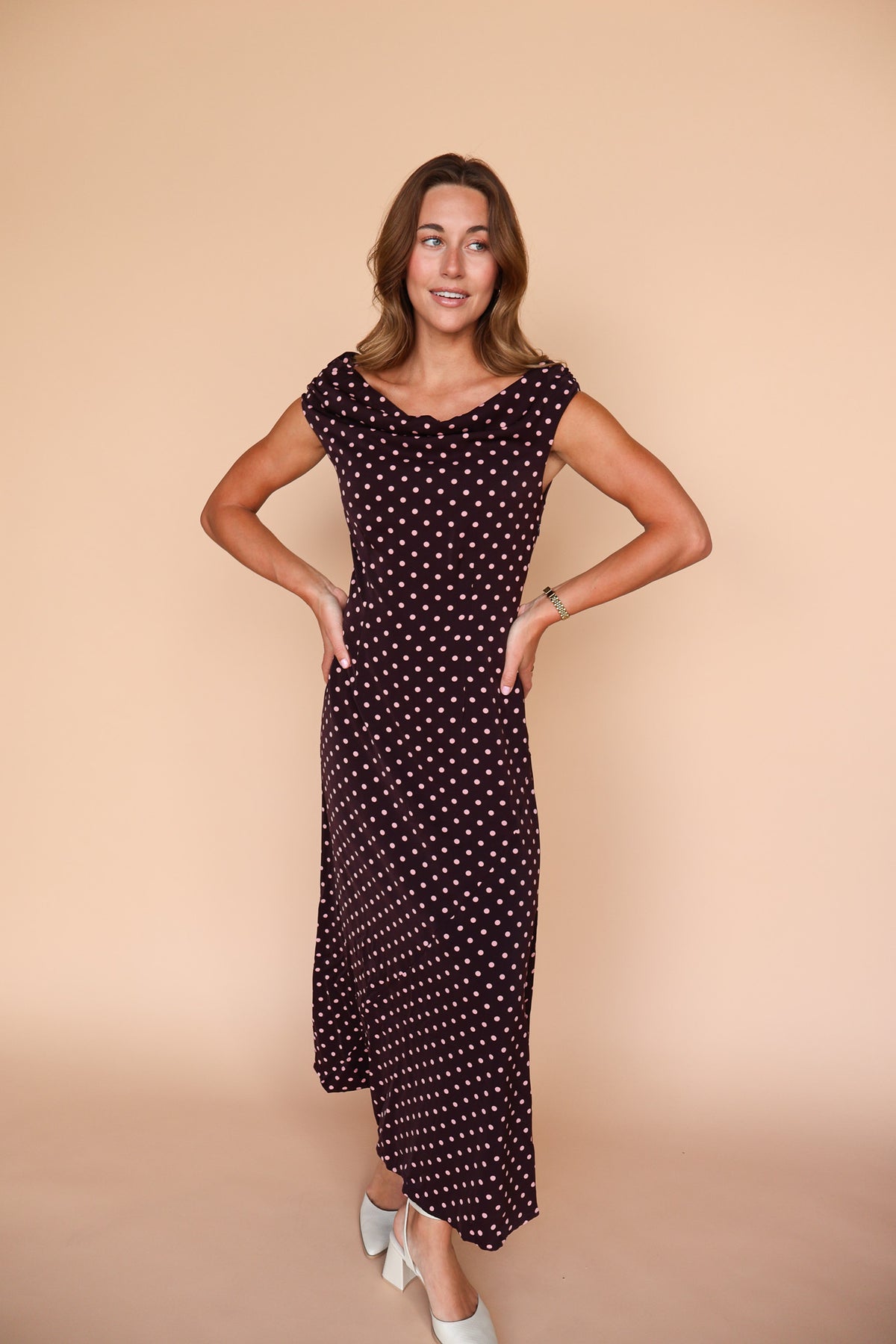 Lorelai Polka Dot Satin Midi Dress in Wine