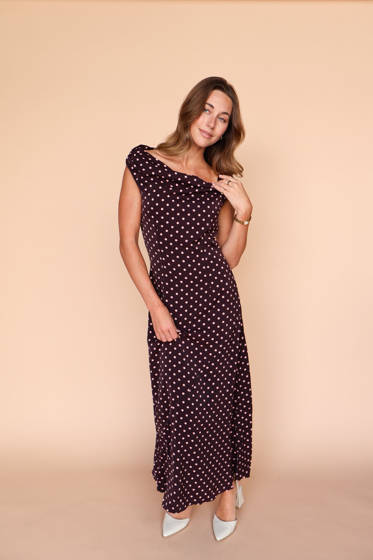 Lorelai Polka Dot Satin Midi Dress in Wine
