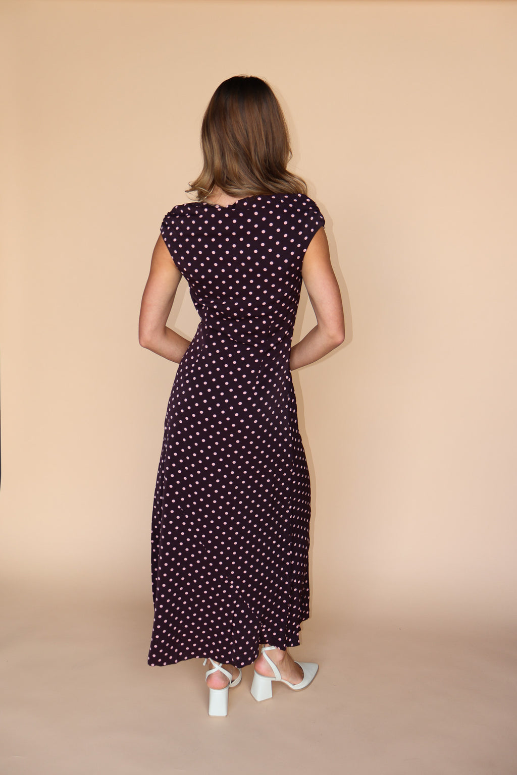 Lorelai Polka Dot Satin Midi Dress in Wine