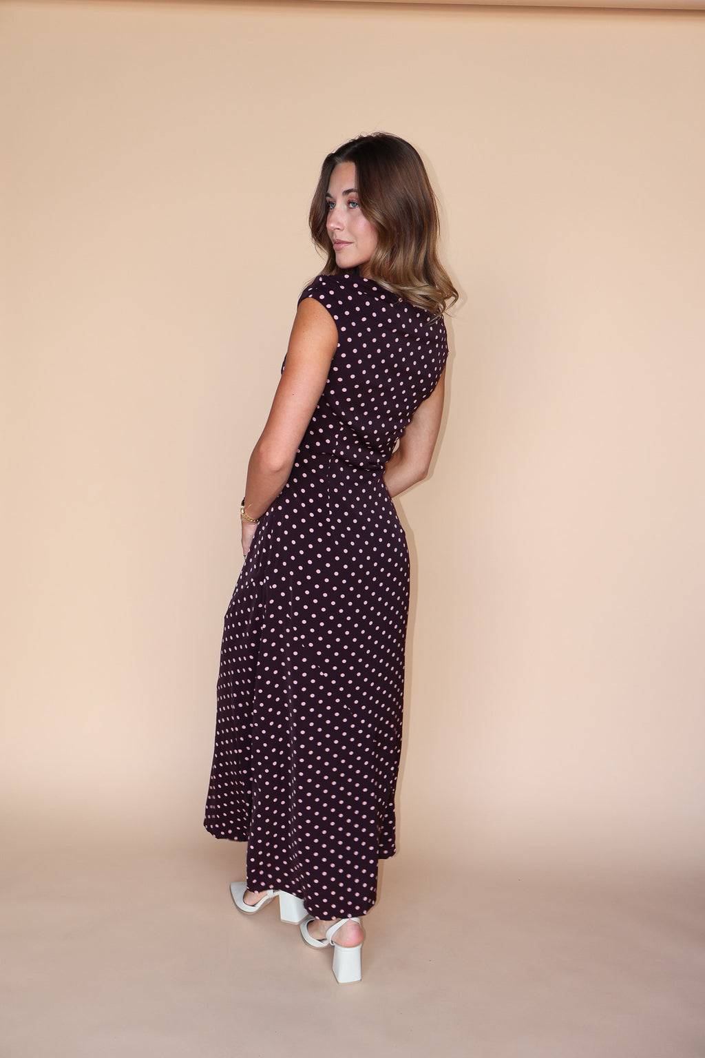 Lorelai Polka Dot Satin Midi Dress in Wine