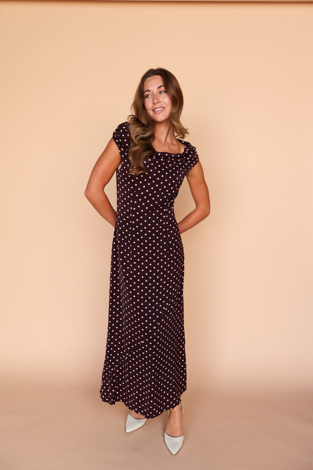 Lorelai Polka Dot Satin Midi Dress in Wine