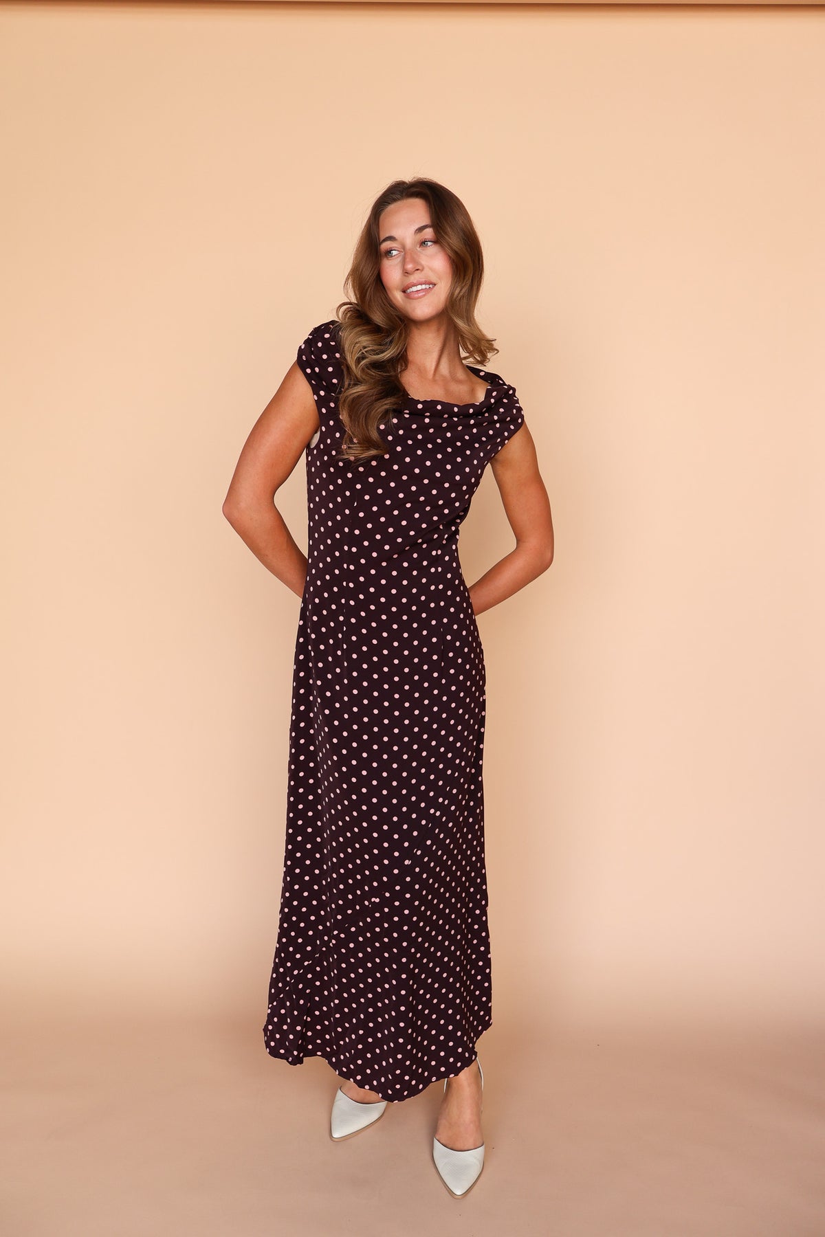 Lorelai Polka Dot Satin Midi Dress in Wine