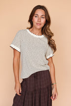 Patty Cream Mocha Stripe Scallop Trim Tee