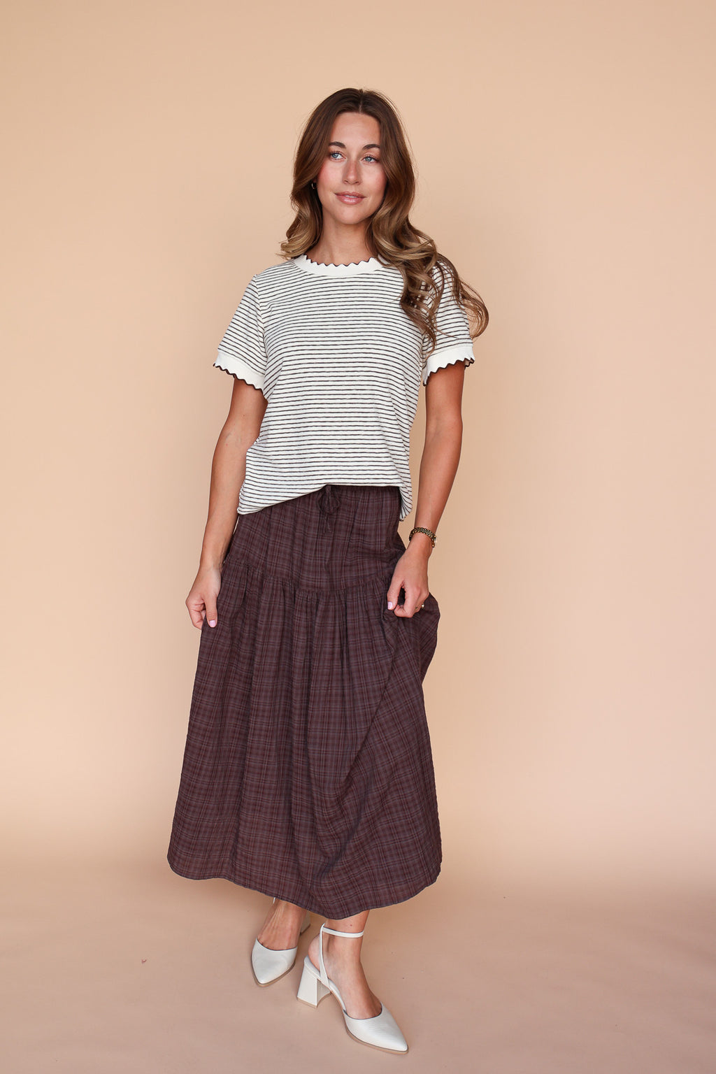 Patty Cream Mocha Stripe Scallop Trim Tee