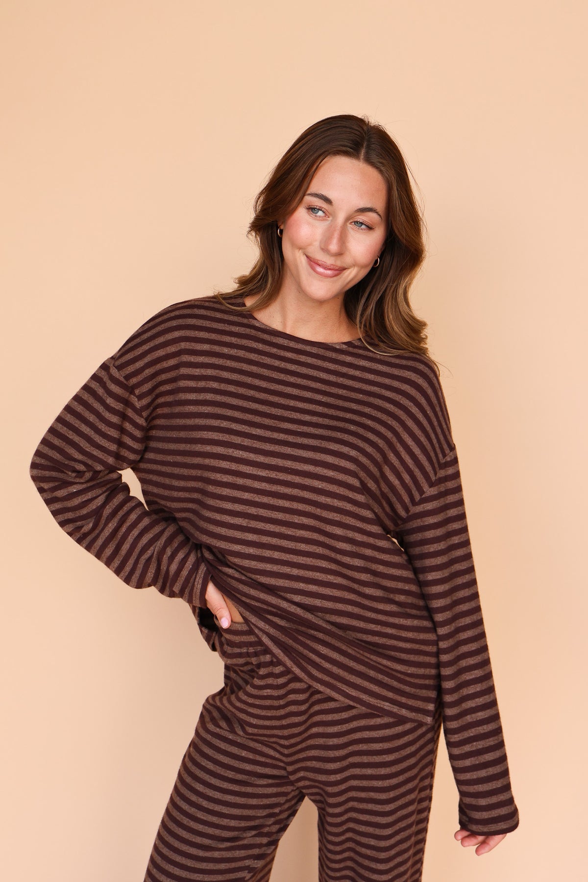 Dean Stripe Brushed Knit Top in Brown Secondary image