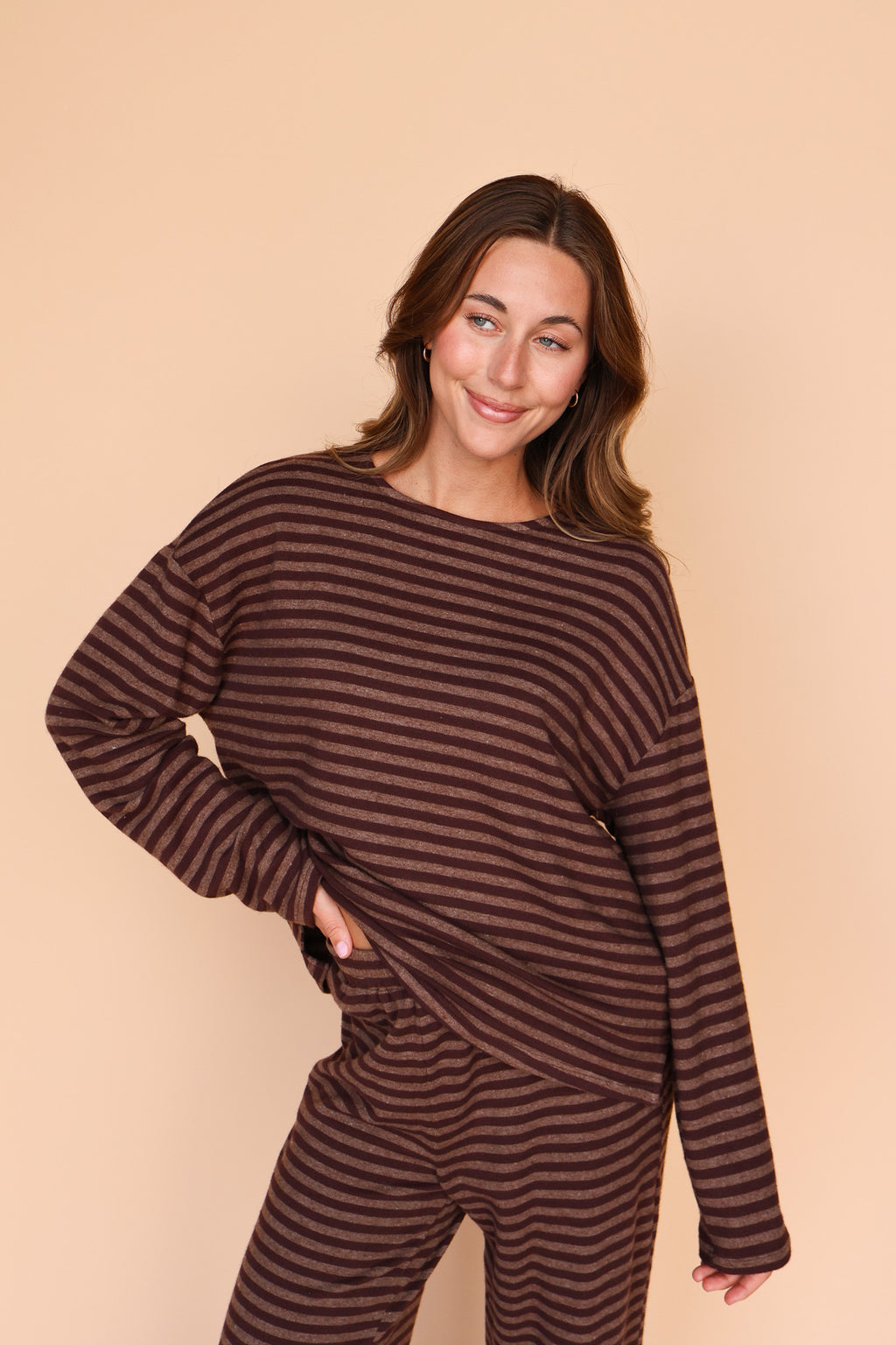 Dean Stripe Brushed Knit Top in Brown