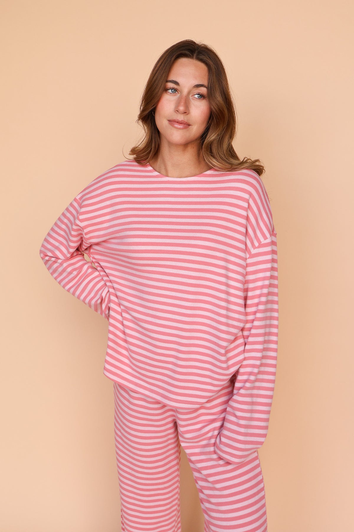 Dean Stripe Brushed Knit Top in Pink Secondary image