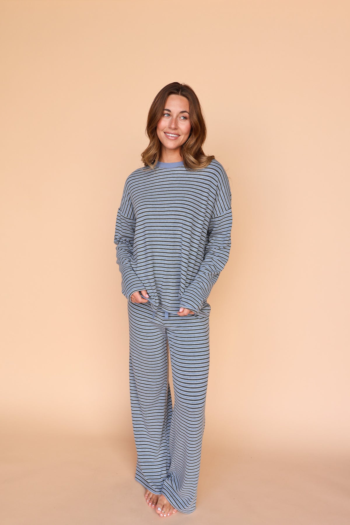 Logan Long Sleeve Stripe Top in Blue/Grey