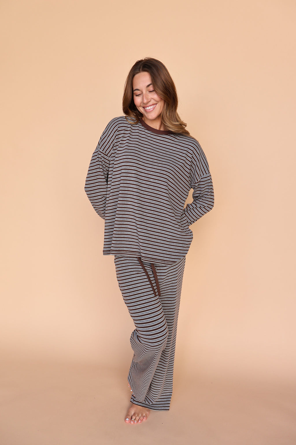 Logan Stripe Long Sleeve in Brown/Grey