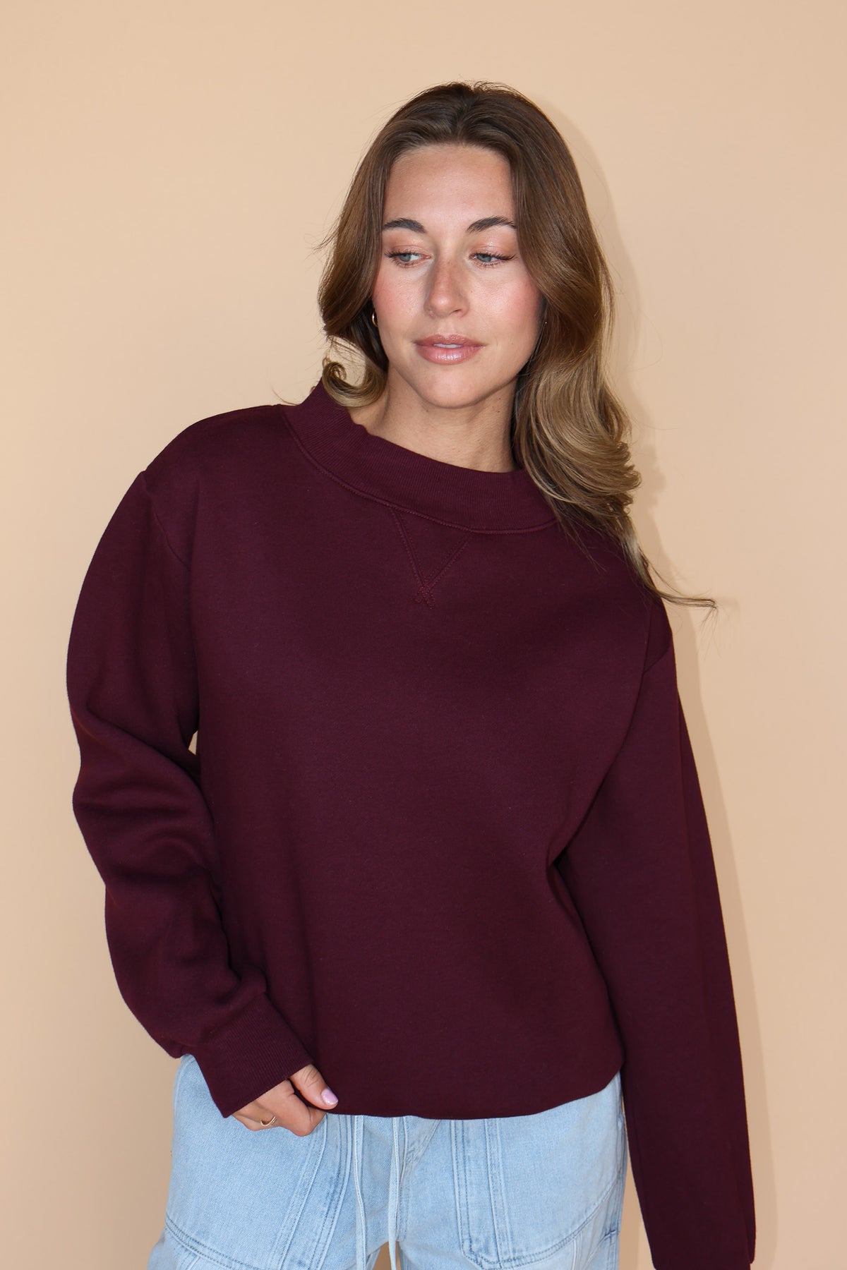 Fleece Mock Neck Pullover in Maroon