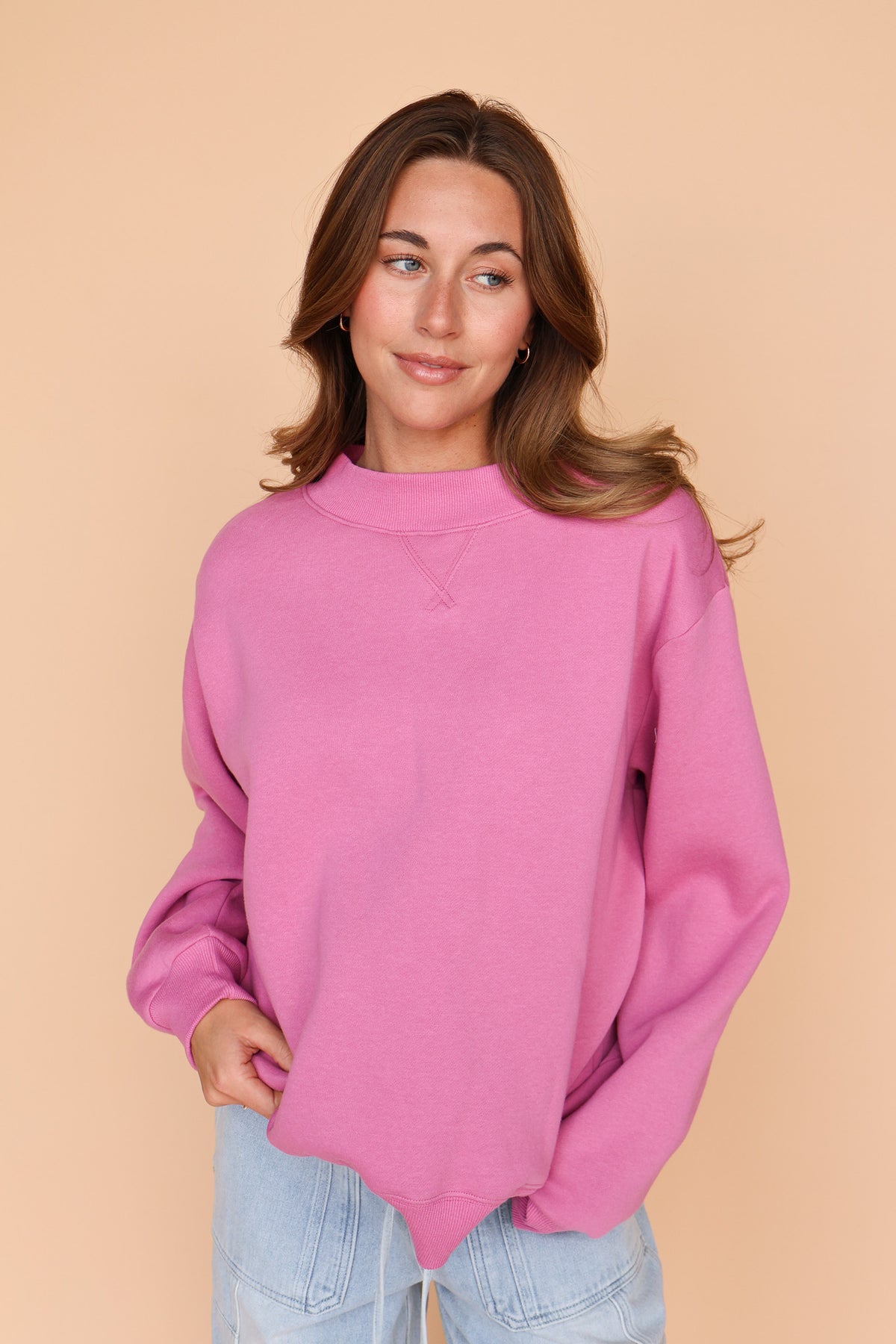 Fleece Mock Neck Pullover in Rose Main image
