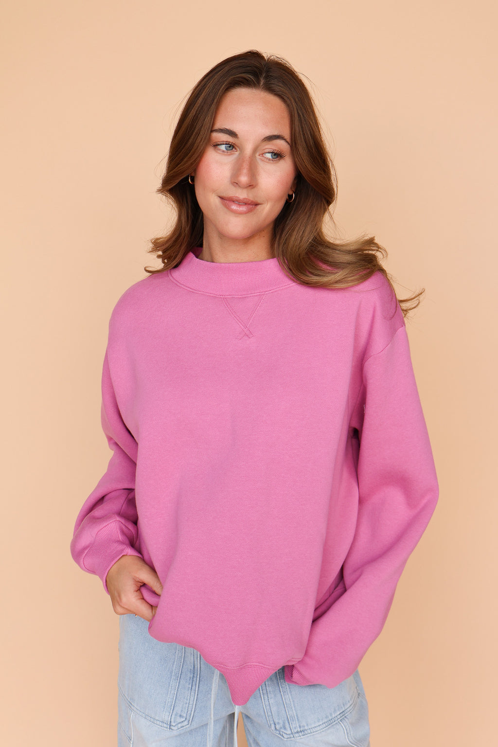 Fleece Mock Neck Pullover in Rose
