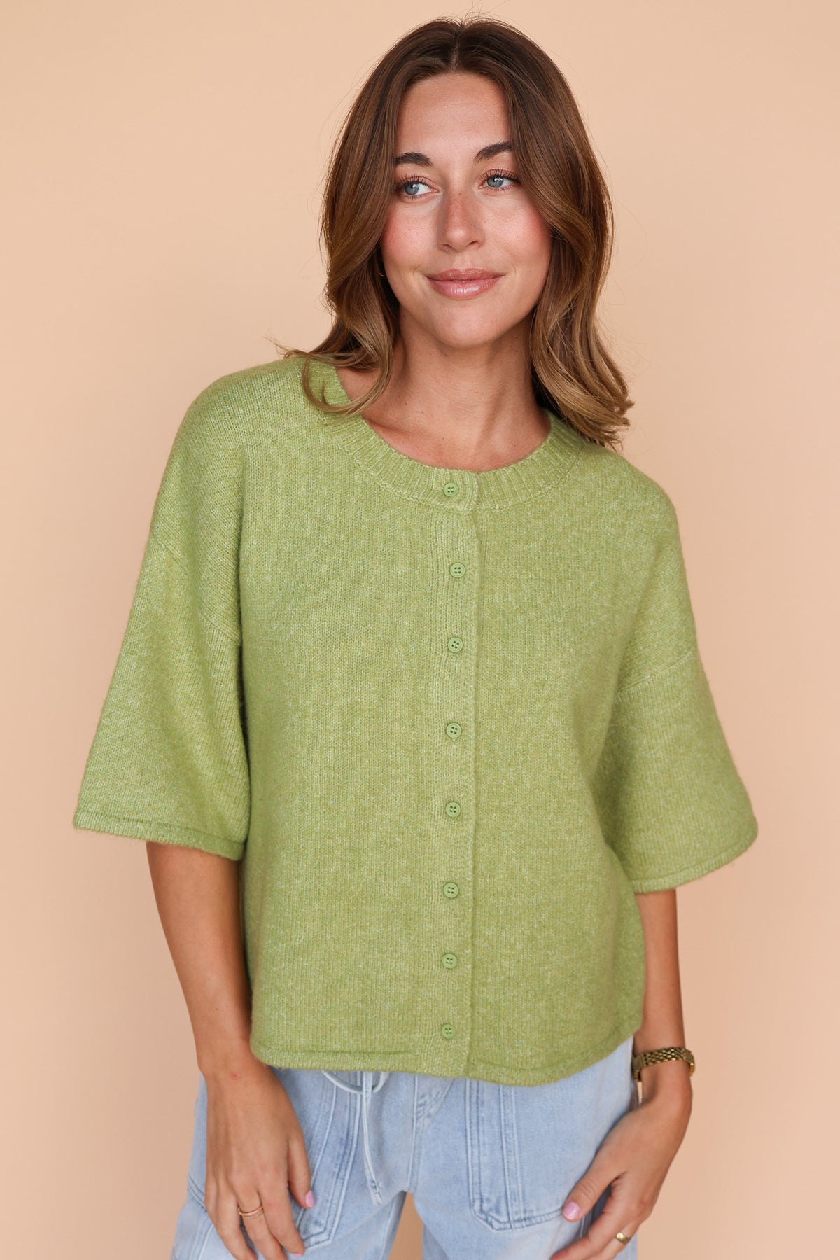 Nina Short Sleeve Cardi in Green Main image